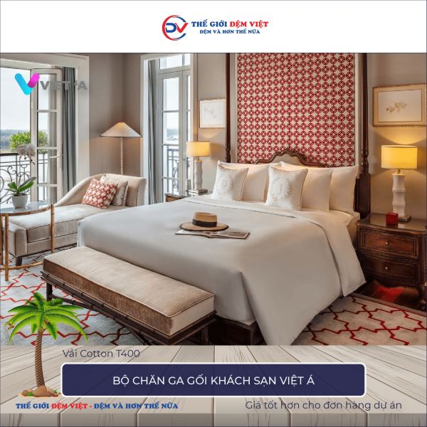 Bộ chăn ga gối khách sạn Việt Á vải Cotton T400 8-2